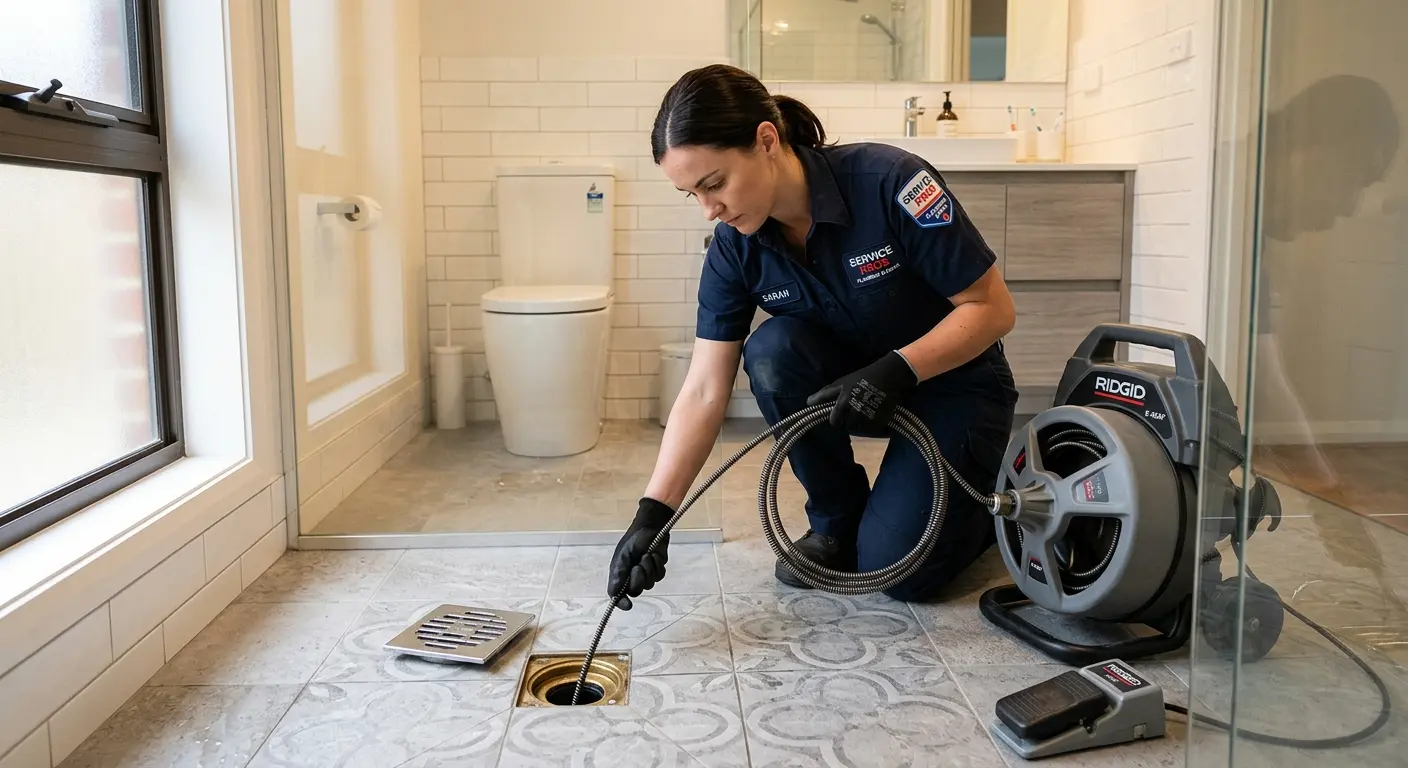 Technician clearing a bathroom floor drain for Sewer Line Replacement in Aberdeen
